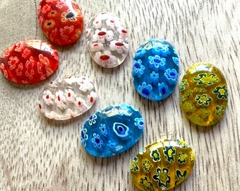 Vintage Handmade Millefiori Glass Cabochon Pairs 18x13mm Ovals Four Sets!