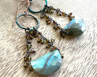 Blue Moon Waxing Earrings Labradorite Hessonite Verdigris Wonders