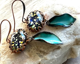 Night Garden Earrings Vintage Glass Opals and Hand-enameled Leaves Teal Skies