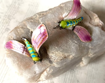 Early 1900s Enamel on Sterling Moth Earrings Pink and Green Museum Specimens