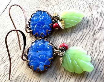 Blue Mistletoe Earrings Meet Me for a Kiss Vintage Glass