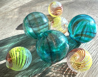 Six Hollow Handblown Glass Beads Beach Ball Brights Aqua and Yellow