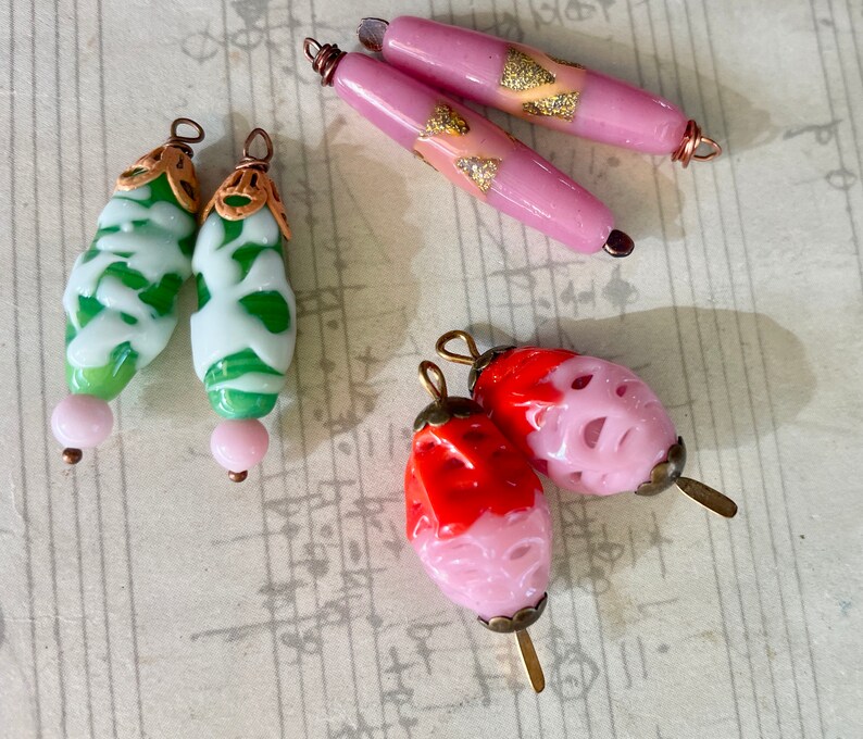 Three Pairs Vintage Glass Bead Dangles Spring Pastels Candy Brights