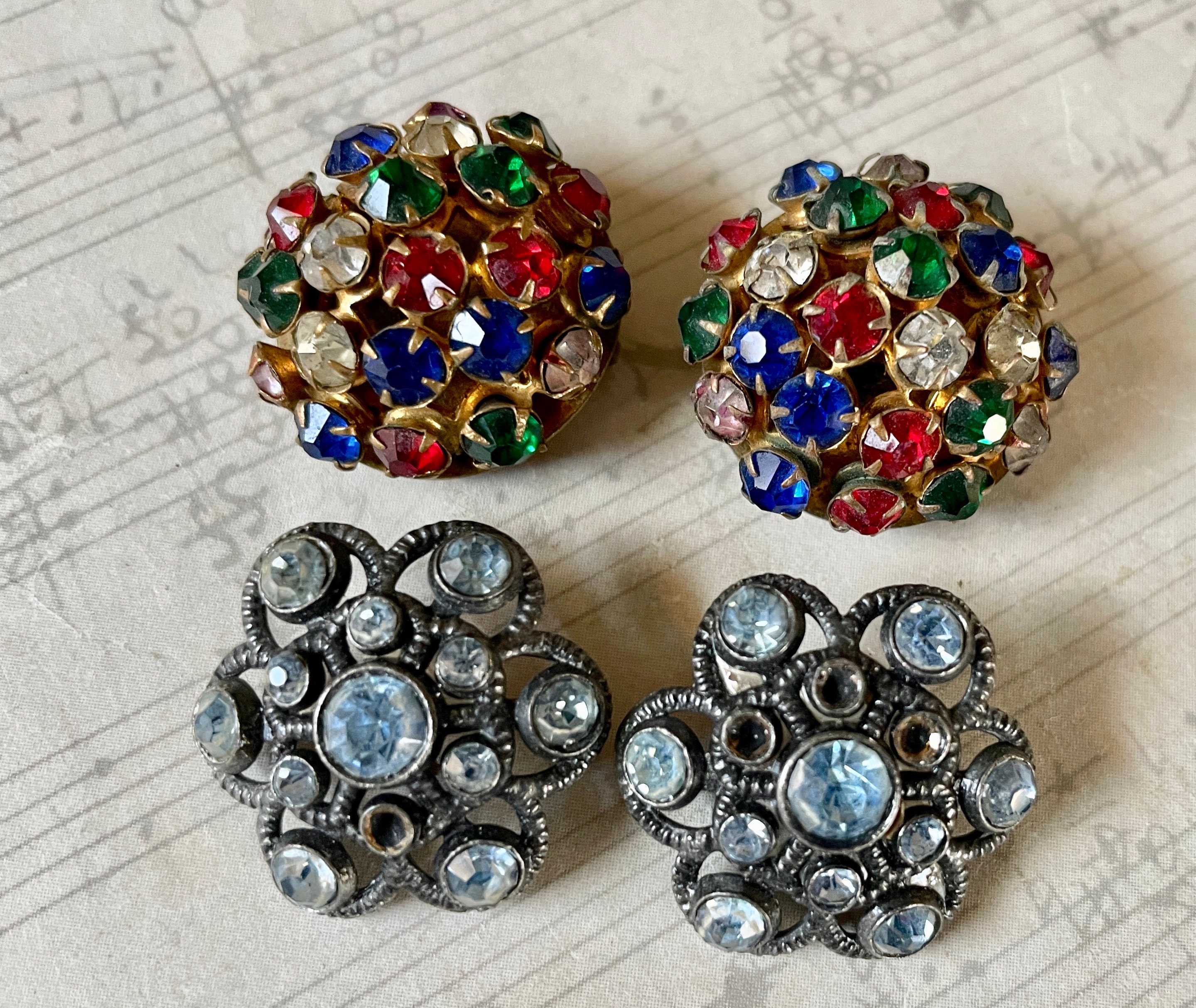 Two Pairs of Large Vintage Rhinestone Buttons - Vintage Renude