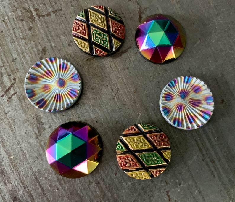 Three Pair Vintage Glass Cabochons 18mm Round Pageantry Assortment