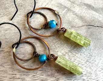 Sage and Sky Earrings Green Garnet Apatite Hand Forged Copper Charmers