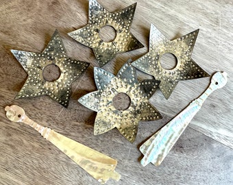 Four Antique Punched Tin Christmas Light Reflectors Stars Two  Mother of Pearl Components