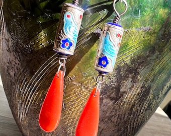 Bluebird Earrings Vintage Enameled Beads and Carnelian Summer Fling