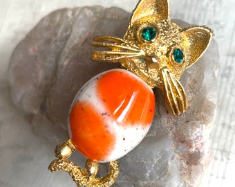 1970s Cat Brooch Ceramic Belly Orange Calico Rhinestone Eyes!