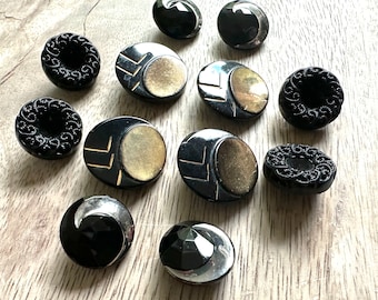 One Dozen Vintage Black Glass Buttons 25mm 18mm Moons Gilding Texture