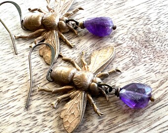 Bees in the Lilacs Earrings Vintage Brass and Amethyst