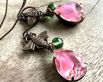 Spring Blossoms and Bees Earrings Rose Vintage Glass