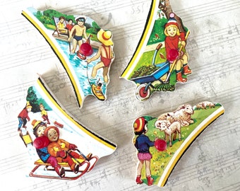 Four Vintage Wood Kids Puzzle Pieces Midcentury Retro Children at Play