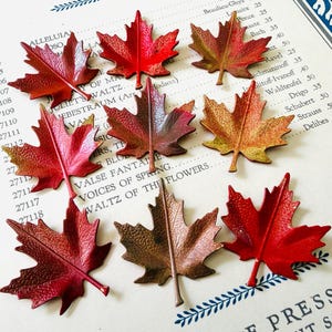 May include: A collection of nine maple leaf-shaped ornaments in various shades of red, orange, and brown. Each leaf features a textured surface and a central stem, displaying a range of autumn-inspired colors with some showing gradient transitions.