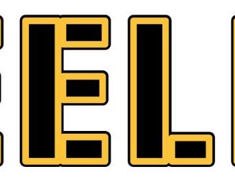 Könnte beinhalten: Das Wort "STEELERS" wird in fetten Blockbuchstaben angezeigt. Die Buchstaben sind schwarz mit einer goldenen Umrandung. Das "S" am Anfang und Ende des Wortes hat ein einzigartiges goldenes Design.