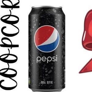 May include: A black Pepsi can with the Pepsi logo, surrounded by red bows. The can is 8 oz. and 92 fl oz. The text "coopcobb" is on the left side of the image.