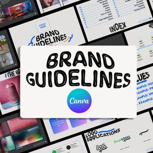 May include: A presentation template for brand guidelines with the title "Brand Guidelines" in large, black, 3D-style text. The template is designed using Canva and includes sections for logo applications, color palettes, and brand values.