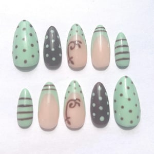 Handmade teal green brown y2k gel press on nails almond shape polka dot stripe pattern