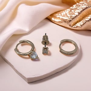 3pcs Set Golden Plated Round Heart Earrings Circle Hoops and Tear Drop Dangle Earrings Unique Jewellery Gift for Women