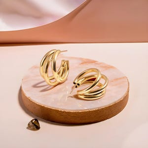 18K Gold Triple Ropes Hoop Earrings, Chic, Stainless Steel, Earlobe Earrings For Daily Wear, A Fashionable And Lasting Gift She Love