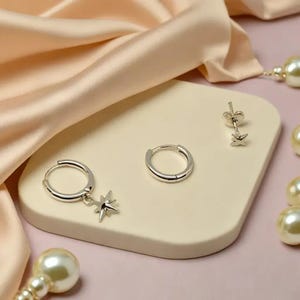 Set of 3pcs Minimalist Earrings, Dangling Star Charm Earring, Siver Huggie Hoop, Cartilage Studs, Ideal Gift For Her.