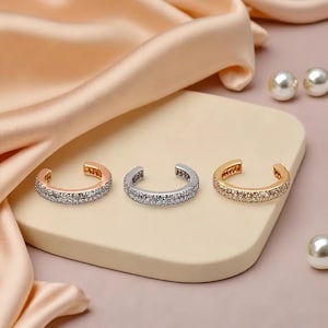 Gold, Rose Gold & Silver Oval Pave Ear Cuff Earrings, Double Row CZ Diamond Design, Minimalist Sparkling Jewellery Gift for Her.