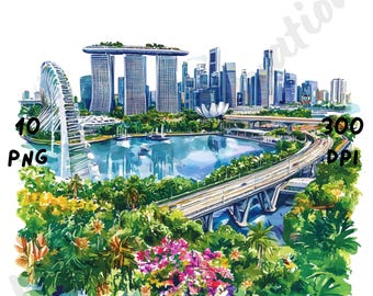 10 PNG Quirky Singapore Scene Clipart, Watercolor City View, Whimsical Singapore Cityscape, Cartoon Travel Art, City Landscape Clip Art