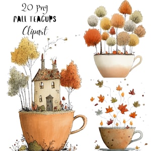 May include: A digital illustration set titled 20 png FALL TEACUPS Clipart featuring three teacups. One contains a house with autumn trees, another holds a cluster of round fall-colored trees, and the third shows colorful autumn leaves floating upward.