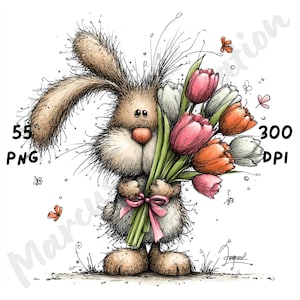 Puede incluir: Ilustraci&oacute;n de un conejo marr&oacute;n y esponjoso sosteniendo un ramo de tulipanes rosas, blancos y naranjas, atado con una cinta rosa. Incluye el texto "55 PNG" y "300 DPI".