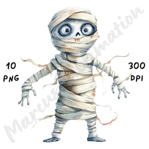 10 imágenes PNG de momias adorables y peculiares, sublimación divertida y caprichosa de Halloween, momia de acuarela para diarios, álbumes de recortes y manualidades de papel.