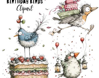 Whimsical Birthday Birds Clipart, Quirky Party Characters PNG, Celebration Graphics (Commercial Use)