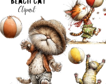 Whimsical Beach Cat Quirky Summer Animal Clipart PNG, Playing Beach Ball Sand Watercolor Illustration, Commercial Use