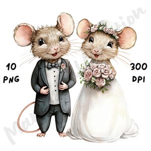 10 PNG peculiares imágenes prediseñadas de pareja de ratones de boda, animales de dibujos animados caprichosos, imágenes prediseñadas románticas de Mickey en acuarela para manualidades de papel, diario basura