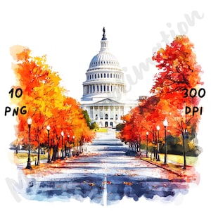 10 PNG Clipart di scene eccentriche di Washington, Paesaggio urbano di Washington DC ad acquerello, Paesaggio urbano stravagante, Clip art con vista sugli Stati Uniti, Arte di viaggio dei cartoni animati