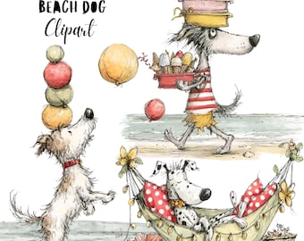 Quirky Beach Dog Clipart, Funny Summer Animals PNG Set, Whimsical Puppies Graphic (Commercial Use)