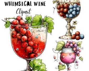 Whimsical Quirky Wine Glass Beverage Clipart PNG, Grapes Drink Watercolor Illustration, Commercial Use