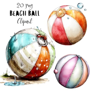 Op de afbeelding: Waterverfillustratie van drie strandballen in verschillende kleuren. Eén bal is turquoise, oranje en wit met waterdruppels. Een andere is rood, oranje en wit. De derde is roze, wit en paars. De tekst luidt "20 png BEACH BALL Clipart."
