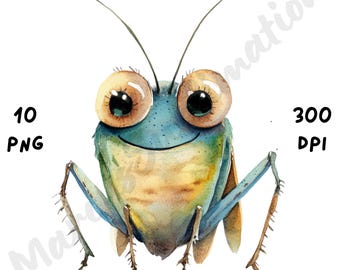 10 PNG Quirky Insect Clipart, Cartoon Whimsical Funny Insect, Watercolor Animal Sublimation, Printable Art Digital Crafts, Instant Download