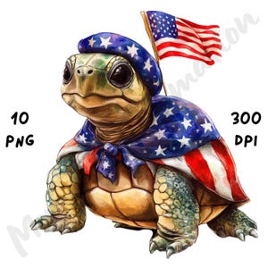 May include: A digital illustration of a turtle wearing a patriotic outfit. The turtle has a blue beret with white stars, a cape with red and white stripes and white stars, and is holding a small American flag. The image includes the text "10 PNG" and "300 DPI".