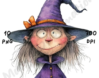 10 PNG Quirky Witch Clip Art, Watercolor Witch Clipart, Funny Whimsical Fantasy Girl, Junk Journal, Scrapbook, Paper Craft, Digital Download