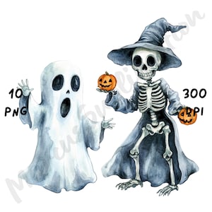 10 PNG Quirky Halloween Ghost and Skeleton Clipart, Watercolor Cartoon Spooky Funny Sublimation, Whimsical Halloween Decoration, Creepy Cute