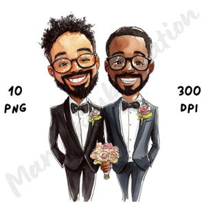 10 PNG mariage original couple Gay noir Clipart, dessin animé lunatique LGBTQ, clipart aquarelle imprimable, faire-part de mariage, téléchargement immédiat