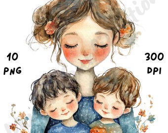 10 PNG Mother’s Day Clipart, Cute Whimsical Mom and Sons Clipart, Happy Mothers Day Sublimation, Watercolor Mom Day, Mother and Childs png