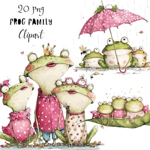May include: Watercolor illustration of a frog family. The frogs are green with pink accents, wearing clothes and accessories. The image includes the text "20 png FROG FAMILY Clipart".