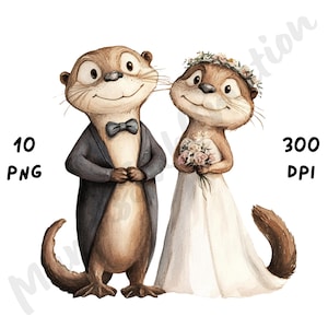 10 imágenes PNG de una peculiar pareja de nutrias en una boda, animales de dibujos animados caprichosos, imágenes prediseñadas de nutrias románticas en acuarela para manualidades de papel, diario basura