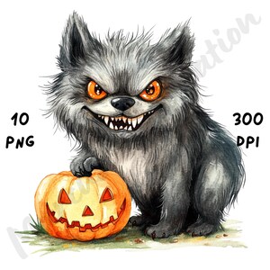 10 imágenes PNG de cachorros de hombre lobo peculiares, sublimación divertida y caprichosa de Halloween, imágenes prediseñadas de lobo de acuarela para revistas basura y álbumes de recortes.