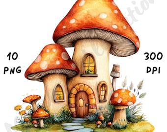 10 PNG Quirky Mushroom House Clipart, Whimsical Cute Houses, Watercolor Fantasy Home Scene, Cartoon Mixed Media Clip Art, House Illustration