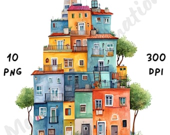 10 PNG Quirky Apartments Clipart, Whimsical Cute Houses, Watercolor Fantasy Home Scene, Cartoon Mixed Media Clip Art, House Illustration png