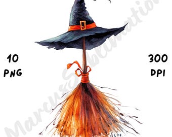 10 png eigenzinnige heksenbezem clipart, grillige Halloween magische illustraties, aquarel cartoon heks sublimatie, papier ambachten & junk Journal