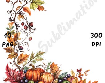 10 PNG Quirky Fall Ornament Border Clipart, Whimsical Autumn Sublimation, Watercolor Cartoon Fall Frame for Junk Journals & Scrapbooking